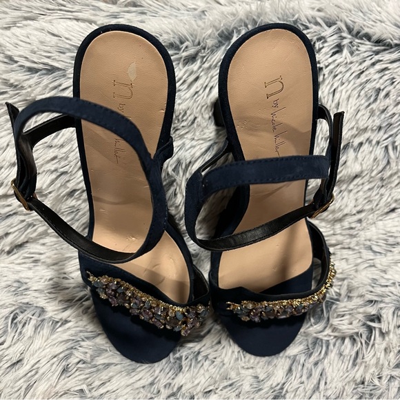 N by Nicole Miller Blue Lexus Jeweled Block Platform Heels - Size 10 - Picture 2 of 16